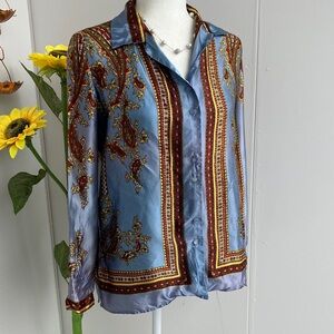 Vintage 60s 70s Shimmery Satin Border Print Paisley Collared Button Down Shirt